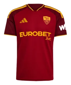 Front view of the AS Roma Home Kit 26/27 featuring a red base, yellow adidas logo, crest, and shoulder 3-stripes.