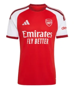 Front view of the adidas Arsenal 26/27 Home Kit in red and white, showing the collar, club crest, and Emirates sponsor.