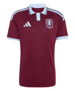 Front view of the adidas Aston Villa Home Kit 26/27 in claret featuring light blue accents and a polo collar.