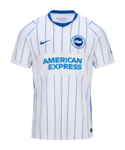 Front view of the short-sleeve Nike Brighton Away Jersey 26/27 in crisp white featuring blue pinstripes and club crest.
