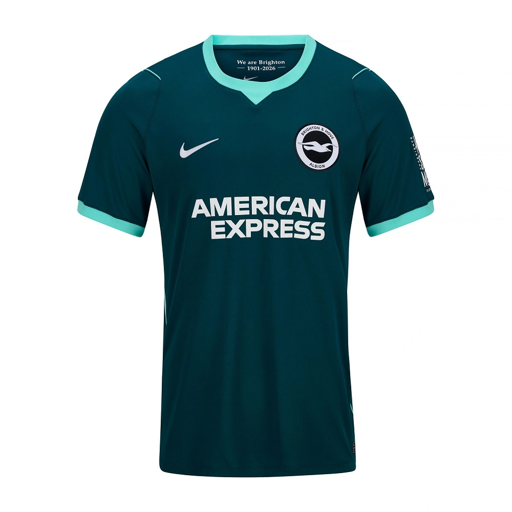 Front view of the Nike Brighton Third Kit 26/27 in deep teal with bright turquoise accents and team crest.