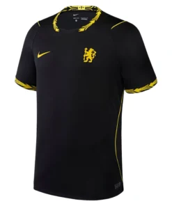 Front view of the Nike Chelsea 26/27 Away Kit in black with gold details and lion chest emblem.