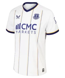 Front view of the Castore Everton Away Kit 26/27 in white with amber and royal blue pinstripes, V-neck, short sleeves.