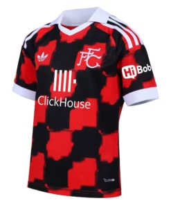 Front view of the red and black checkered adidas Fulham Away Kit 26/27 with white polo collar and heritage FFC crest.