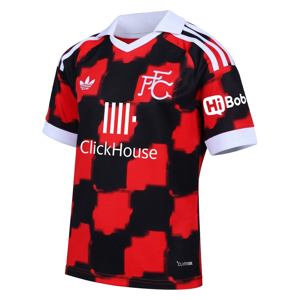 Front view of the red and black checkered adidas Fulham Away Kit 26/27 with white polo collar and heritage FFC crest.