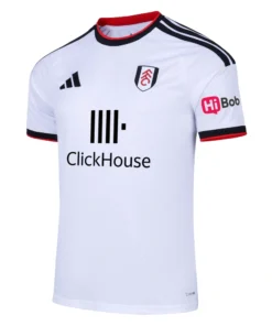 Front view of the white adidas Fulham Home Kit 26/27 with black and red collar trims, sponsor logo, and club crest.