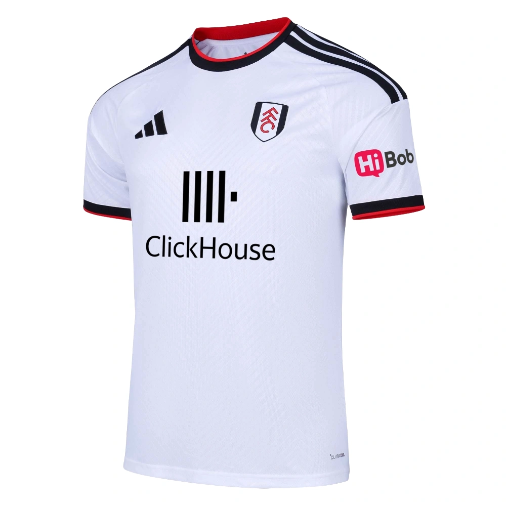 Front view of the white adidas Fulham Home Kit 26/27 with black and red collar trims, sponsor logo, and club crest.