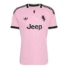 Front view of the adidas Juventus Away Kit 26/27 in pink with zebra pattern, black accents, and Trefoil logo.