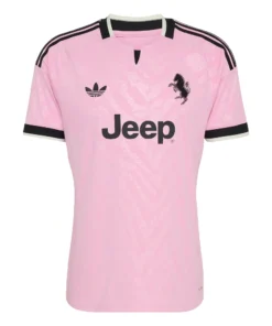 Front view of the adidas Juventus Away Kit 26/27 in pink with zebra pattern, black accents, and Trefoil logo.