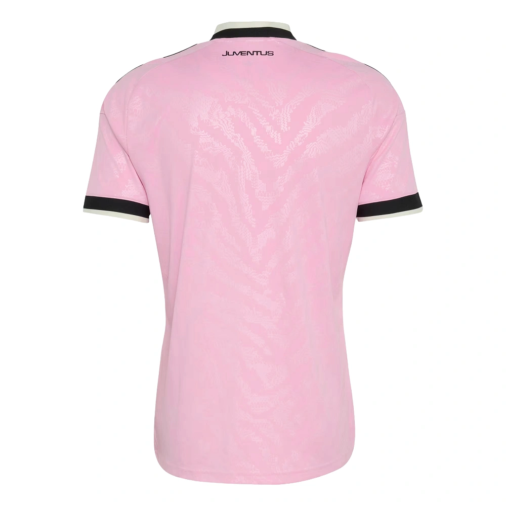 Back view of Pink adidas Juventus Away Jersey 26/27 featuring subtle zebra pattern without name or number.