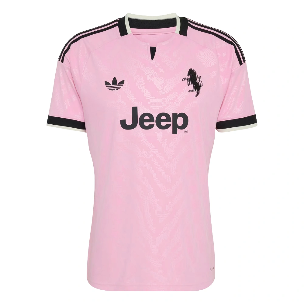 Front view of the adidas Juventus Away Kit 26/27 in pink with zebra pattern, black accents, and Trefoil logo.