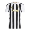 Front view of the adidas Juventus Home Kit 26/27 featuring black and white stripes and gold accents.