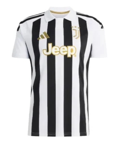 Front view of the adidas Juventus Home Kit 26/27 featuring black and white stripes and gold accents.