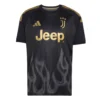 Front of adidas Juventus Third Kit 26/27 in black with tonal flame graphic, gold logos, and crew neck.