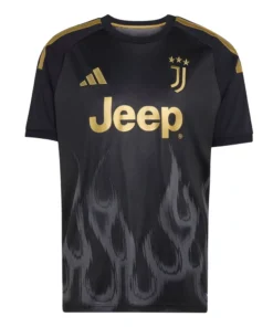 Front of adidas Juventus Third Kit 26/27 in black with tonal flame graphic, gold logos, and crew neck.