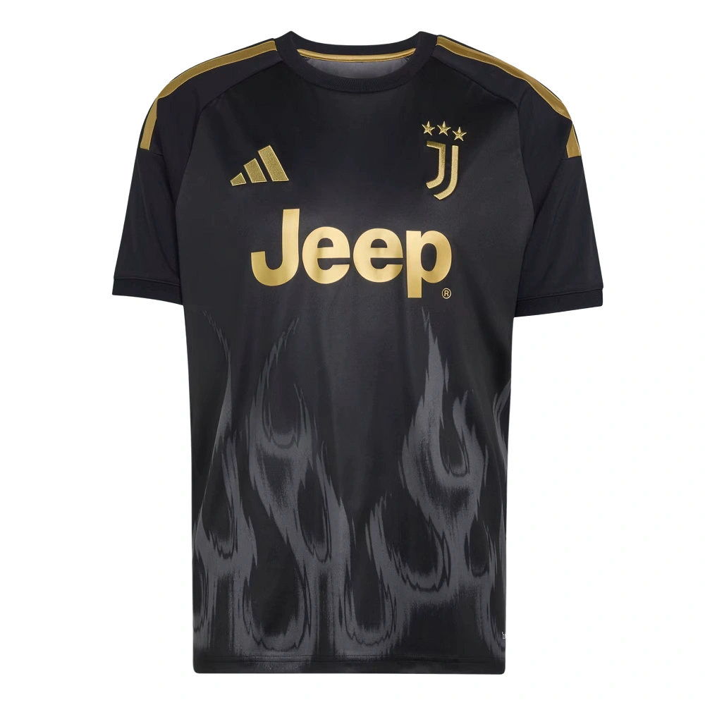 Front of adidas Juventus Third Kit 26/27 in black with tonal flame graphic, gold logos, and crew neck.