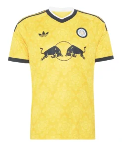 Leeds United Away Kit 26/27, front view, yellow base with navy and white accents, adidas Trefoil logo, retro rose crest.
