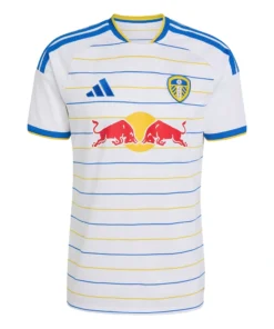 Front view of the adidas Leeds United Home Kit 26/27 in white with blue and yellow accents.