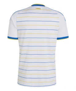 Back view of the adidas Leeds United White Home Jersey 26/27 with horizontal blue and yellow stripes, no name or number.