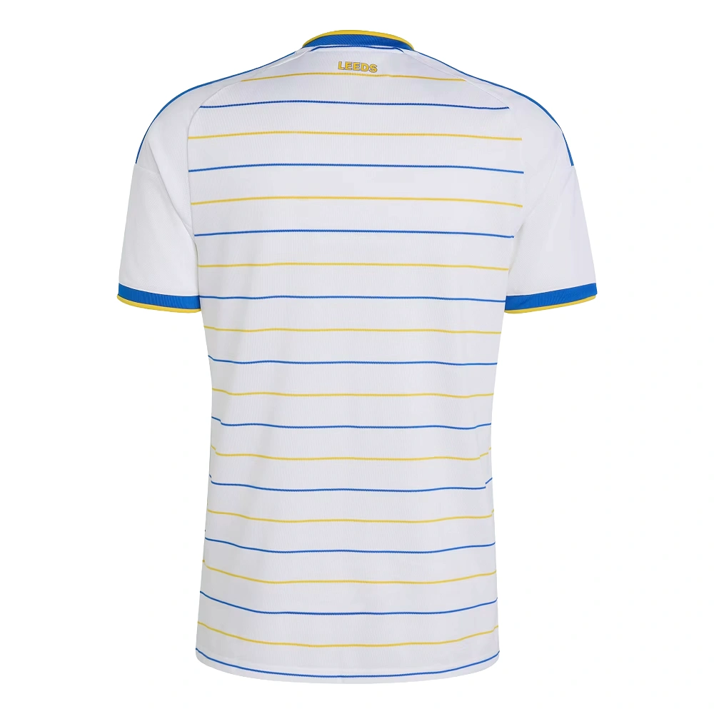Back view of the adidas Leeds United White Home Jersey 26/27 with horizontal blue and yellow stripes, no name or number.