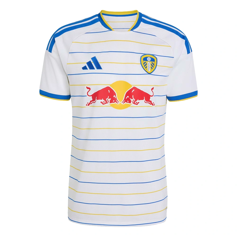 Front view of the adidas Leeds United Home Kit 26/27 in white with blue and yellow accents.