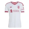 Liverpool Away Kit 26/27, front view, retro white design with red accents, adidas Trefoil logo, and red Liver bird crest.