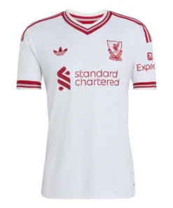 Liverpool Away Kit 26/27, front view, retro white design with red accents, adidas Trefoil logo, and red Liver bird crest.