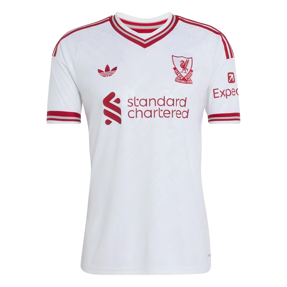 Liverpool Away Kit 26/27, front view, retro white design with red accents, adidas Trefoil logo, and red Liver bird crest.