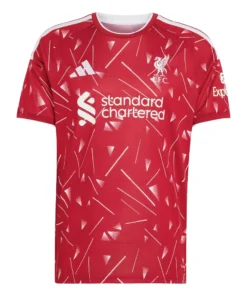 Front view of the Liverpool 26/27 Home Kit with a deep-red base, all-over white geometric pattern, and white logos.