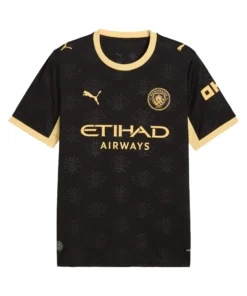 Front view of the PUMA Manchester City Away Kit 26/27 in black with yellow accents and worker bee graphic. 