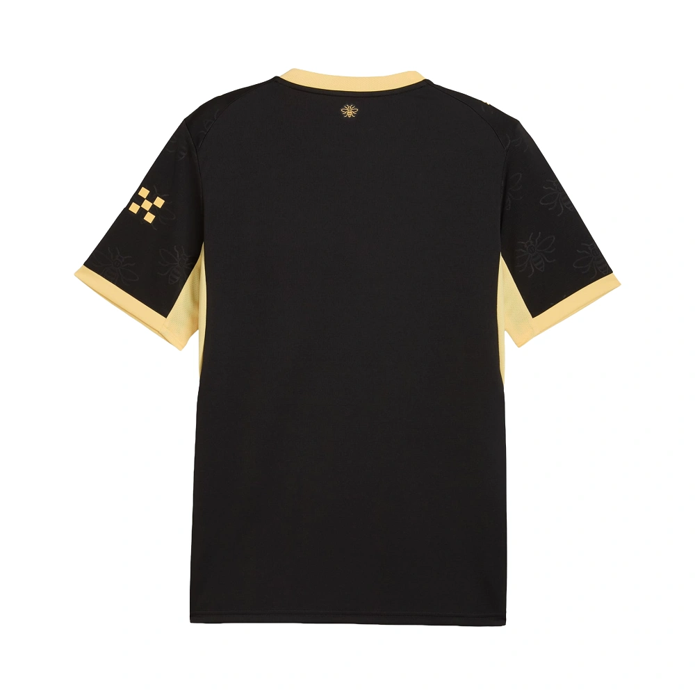 Back view of the blank black PUMA Manchester City Away Jersey 26/27 without a name or number, showing the back-neck bee logo.