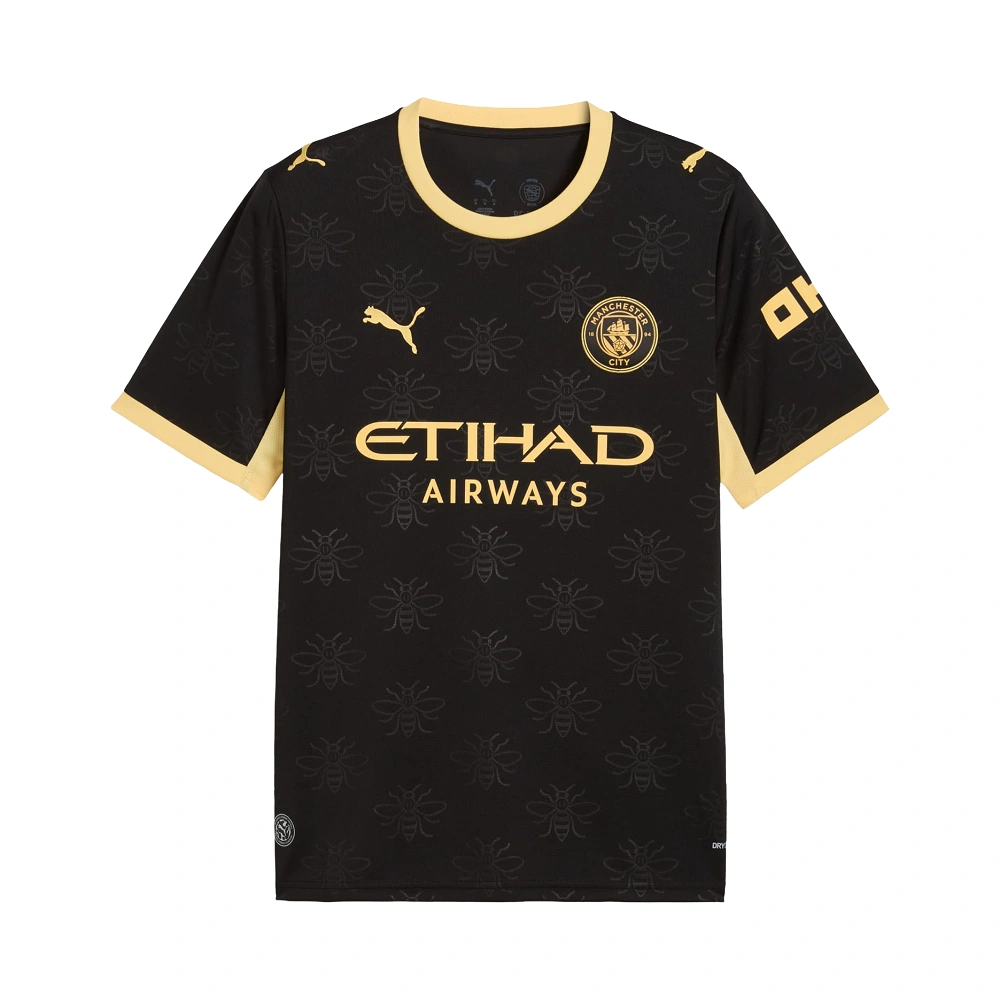 Front view of the PUMA Manchester City Away Kit 26/27 in black with yellow accents and worker bee graphic.