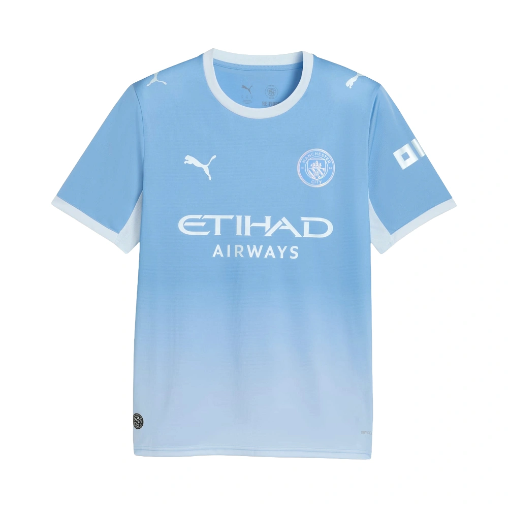 Front view of the Puma Manchester City Home Kit 26/27 in sky blue gradient with metallic chest crest and sponsor.