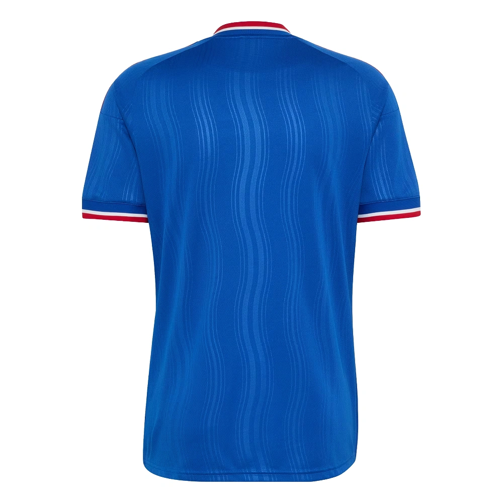 Manchester United Away Jersey 26/27, back view, royal blue design, red and white trim, short sleeves, no name or number.