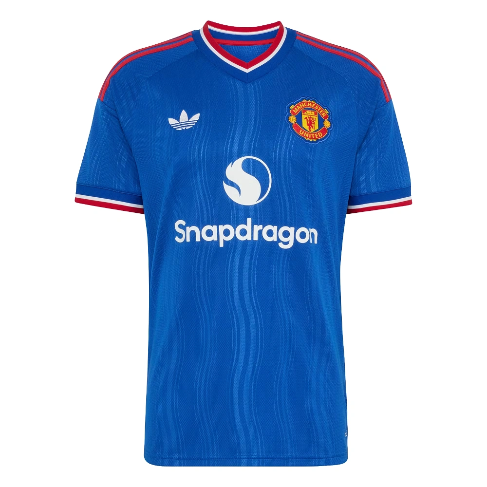 Manchester United Away Kit 26/27, front view, royal blue design, red and white trim, adidas Trefoil logo, and v-neck collar.