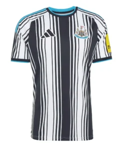 Front view of the Newcastle United Home Kit 26/27 featuring black-and-white stripes with blue collar and sleeve accents.