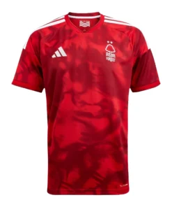 Front view of the adidas Nottingham Forest Home Kit 26/27 in Garibaldi red with a misty pattern and V-neck.