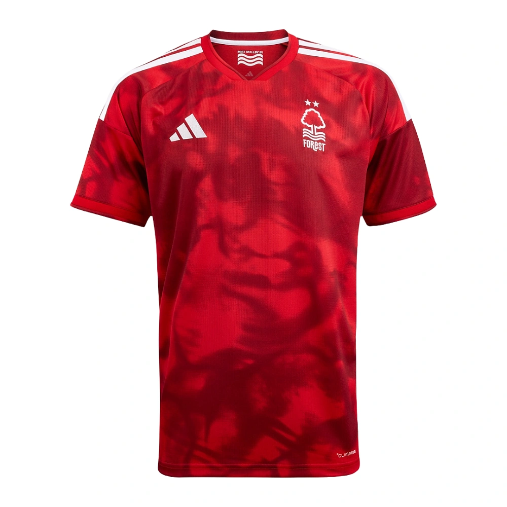 Front view of the adidas Nottingham Forest Home Kit 26/27 in Garibaldi red with a misty pattern and V-neck.