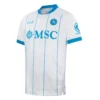 Front view of SSC Napoli Away Kit 26/27 featuring white base with blue vertical stripes, club crest and EA7 logo.