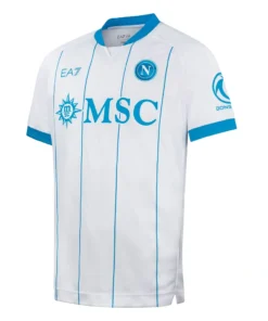 Front view of SSC Napoli Away Kit 26/27 featuring white base with blue vertical stripes, club crest and EA7 logo.