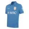 EA7 Napoli Home Kit 26/27, front view in Centenary Blue with polo collar, EA7 logo, and 100-year crest.
