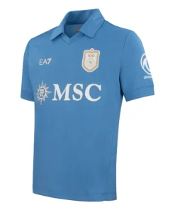 EA7 Napoli Home Kit 26/27, front view in Centenary Blue with polo collar, EA7 logo, and 100-year crest.