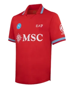 Front view of the red SSC Napoli Third Kit 26/27 with polo collar and inverted chest logos